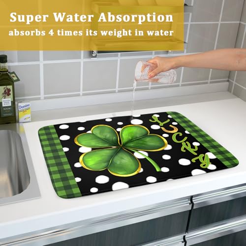 St. Patrick's Day Dish Drying Mats 18x24 Inch Green Clover Shamrock Lucky Kitchen Mat Polka Dot Microfiber Drying Mats Ultra Absorbent Reversible Dishes Drying Rack Pad for Kitchen Countertops (St Patricks Day Lucky Shamrocks-Dot / 18" x 24")
