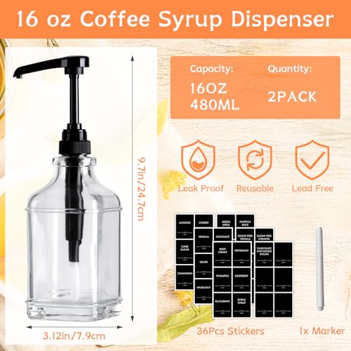 16 oz 2 Pack Glass Coffee Syrup Dispenser with 1 (Black Pump-2 Pack)