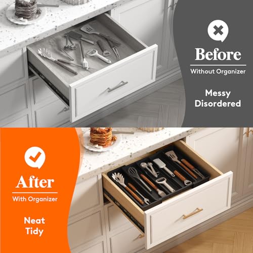 Utensil Organizer for Kitchen Drawers (Black / Medium(11-18''W x 14''D))