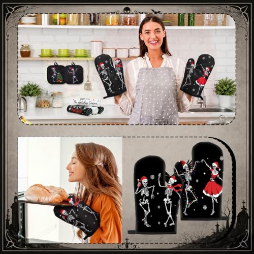 10 Pcs Christmas Skeleton Kitchen Decor and Accessories Set Kitchen Towels Pot Holders Oven Mitts Rugs and Tape for Baking Cooking BBQ Festive Housewarming Gifts (Black,white / Halloween Skeleton)
