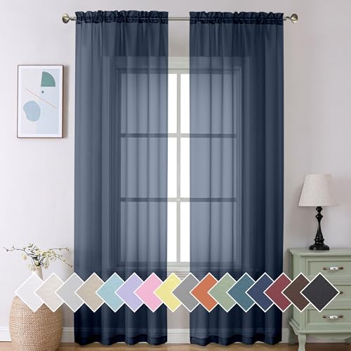 Long Navy Blue Sheer Curtains 96 inches Long for Living Room (40"W x 96"L (Pack of 2) / Navy Blue)