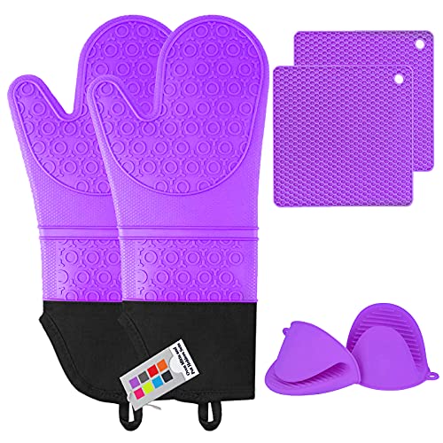 6pcs Silicone Oven Mitts and Pot Holders Sets for Kitchen (Purple)