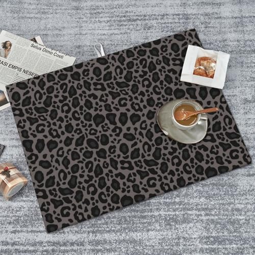 Black Grey Leopard Print Dish Drying Mat 18x24 Inch (Black Grey)