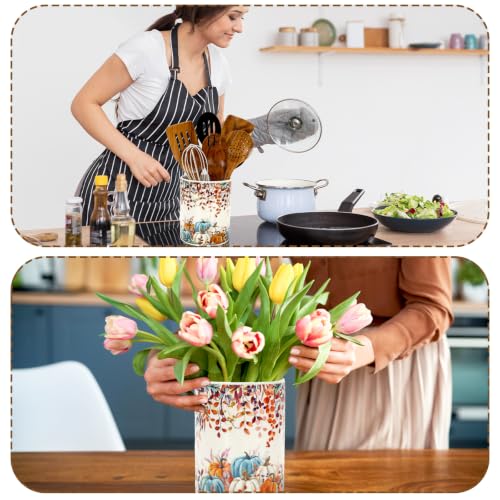 Fall Utensil Holder Ceramic Kitchen Crock Watercolor Pumpkin Autumn Leaves Kitchen Decor for Autumn Spoon Forks Countertop Supplies (Fall)