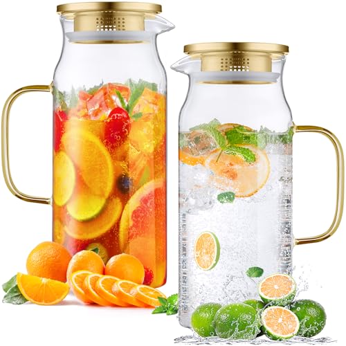 2 Pack 2 Liter 68 oz 2.1 Qt Gold Glass Pitcher with Lid and Handle (Gold / 68 Ounces (2 Pack))