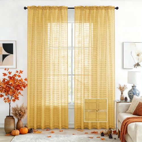 Check Sheer Curtains 84 Inches Long for Living Room (Check - Sand / 52"W x 84"L (Pack of 2))
