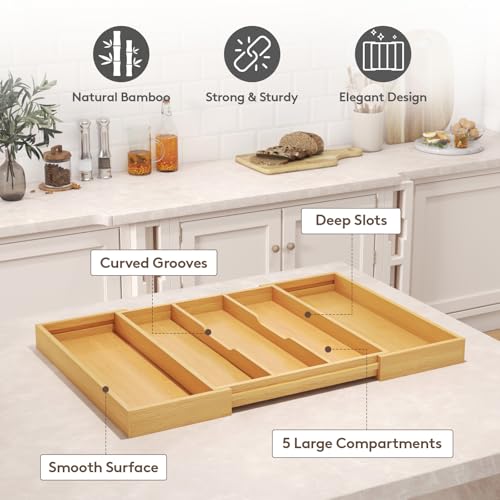 Bamboo Utensil Organizer for Kitchen Drawer (Natural / 15.6~28''W x 18.5'' D)