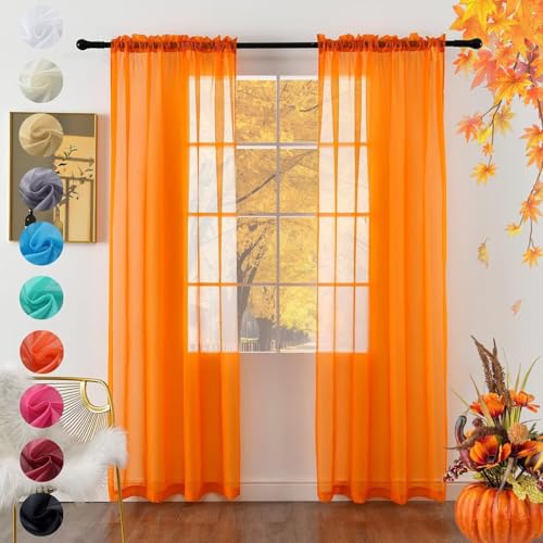 Solid Sheer Rod Pocket Curtain Voile Draperies 2 Panels Orange Beige Black Grey Coffee 38 Inch Width 45 Inch Long 1 Pair for Kitchen Bedroom Children Living Room Yard (Orange / 38"W x 45"L (Pack of 2))