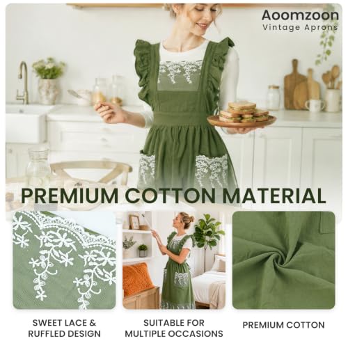 Vintage Aprons for Woman with Pockets Cute Lace Ruffle Adjustable Apron for Cooking Kitchen Baking Gardening (Army Green)
