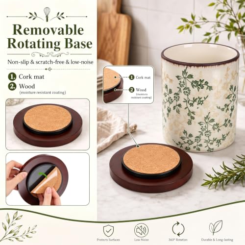 Rustic Rotating Ceramic Utensil Holder Brown Green Floral 6.9" (Brown Green Floral / 6.9" / Rustic Rotating)