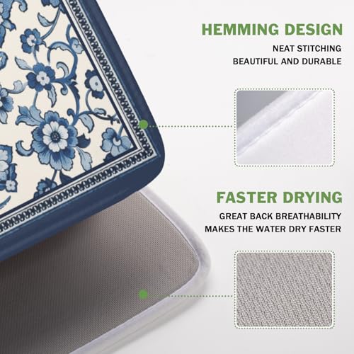 Blue Floral Dish Drying Mat for Kitchen Counter Vintage Flower Pattern Microfiber Dish Drainer Mat Rustic Farmhouse Absorbent Washable Drying Pad Extra Large 16"x18" (Vintage Blue Floral / 18" x 16")