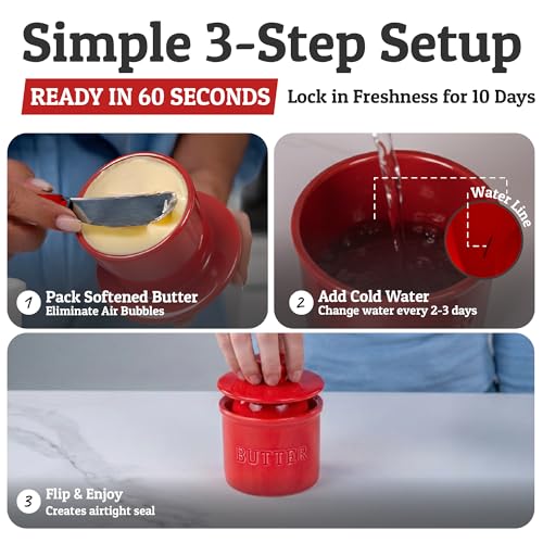 Large Butter Crock with Lid with Water Line (Red / Large)