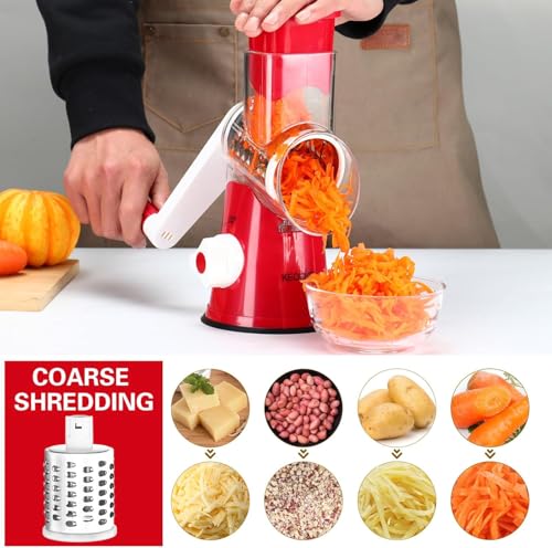 Cambom Rotary Cheese Grater Hand Crank Cheese Shredder for Fresh Cheese (3 BLADES / Red)