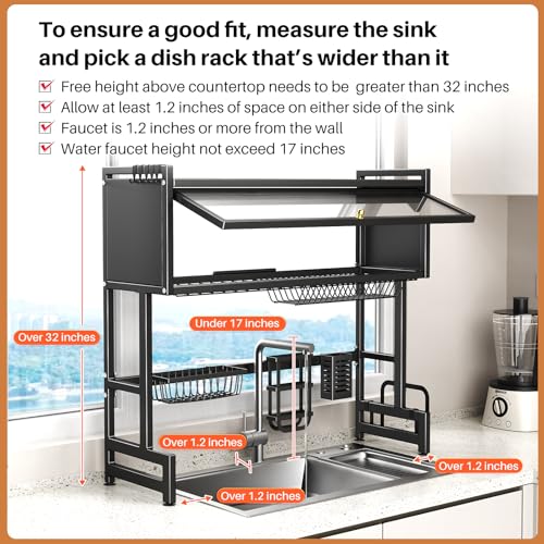 Over The Sink Dish Drainer Drying Rack 3 Tiers with Cover (Black / 37.4in)