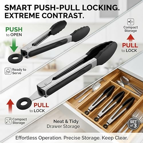 Mini Tongs with Silicone Tips (W125--3pcs-7Inch-Black tongs)