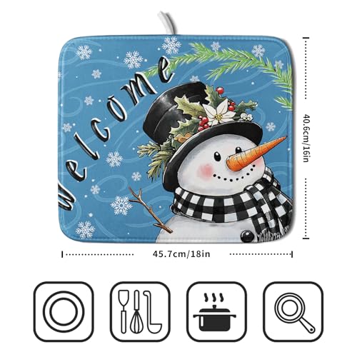 Christmas Snowman Dish Drying Mat for Kitchen Counter 16x18 Blue White Snowflake Welcome Winter Holiday Absorbent Reversible Microfiber Drying Mats Kitchen Countertop Protector Dishes Drainer Rack Pad (16" x 18")