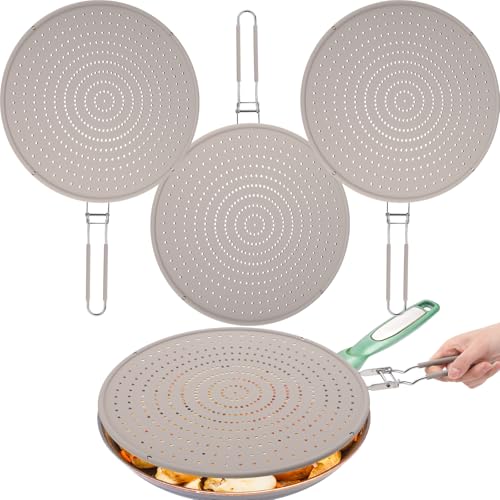 3 Pcs 12.6 Inch Silicone Splatter Screen for Frying Pan Grease Splatter Collapsible Guard Heat Resistant Multi Use for Baking and Cooking (Gray)