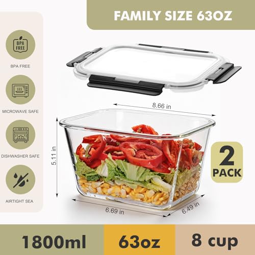 2 Pack Large Glass Food Storage Containers with Lids (2 Pack-63oz)