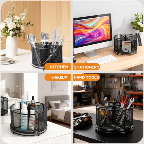 2 Pack 360° Rotating Metal Silverware Organizer Holder (Black / 2 Pack)