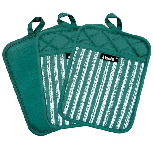 Silicone Pot Holders Set of 3 Heat Resistant & Non Slip Potholders (Emerald Green)