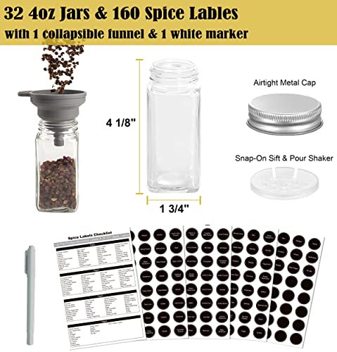 4 Tier Spice Rack Organizer with 32 Square Spice Jars and 160 Spice Labels Set for Kitchen Cabinet Countertop Pantry or Wall Mount (4 Tier With Jars)