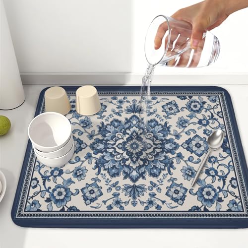 Blue Floral Dish Drying Mat for Kitchen Counter Vintage Flower Pattern Microfiber Dish Drainer Mat Rustic Farmhouse Absorbent Washable Drying Pad Extra Large 16"x18" (Vintage Blue Floral / 18" x 16")