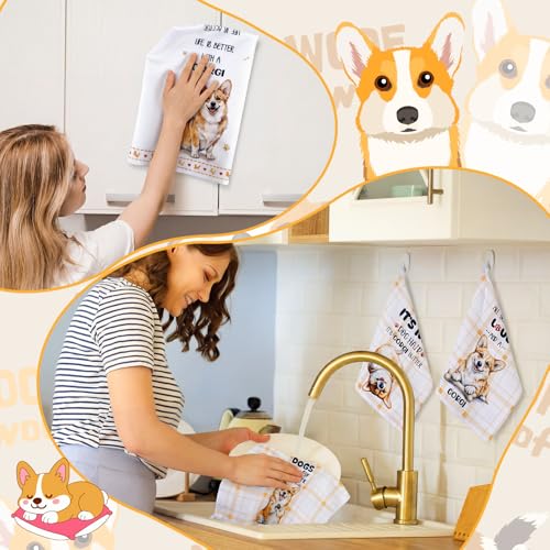 6 Pcs Funny Corgi Kitchen Towels Gifts for Corgi Lovers Dish Towel Yellow White Dog Kitchen Hand Decorative Tea Dishcloth with Hanging Loop for Dog Owners Bathroom Home Housewarming Gift (Corgi)