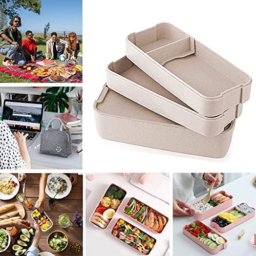 2 Pack Stackable Bento Box Japanese Lunch Box Kit with Spoon & Fork (Green/Beige / 2 pack)