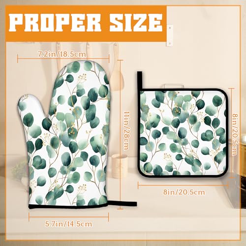 Eucalyptus Leaf Oven Mitts and Pot Holders Set (Eucalyptus Leaf Golden Green)