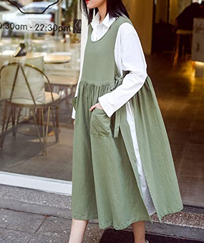 Women Plus Size Cotton Linen Vintage Pleated Split Apron Pinafore Dress with Two Pockets (Green / 43.4"L)