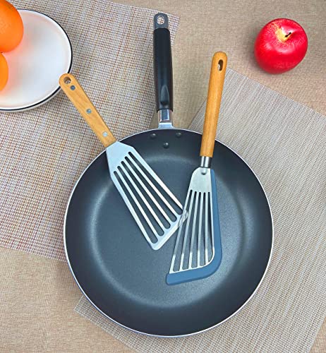 Fish Spatula Set for Nonstick Cookware Flexible Metal Fish Spatula Stainless Steel Small Fish Slotted Spatula Turner with Wood Handle (White, Wood)