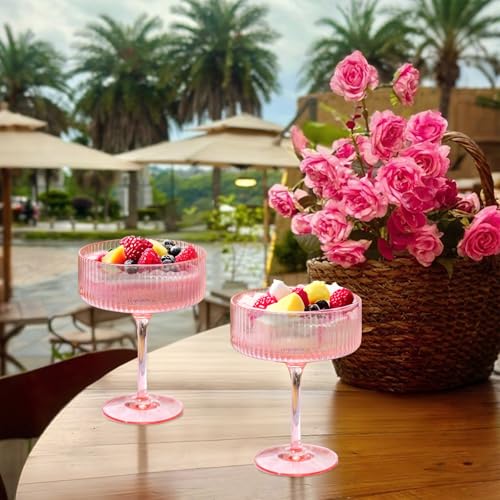 24 Pieces Martini Glasses 10.5oz Plasitc Ribbed Coupe Glasses Champagne Shatterproof Acrylic Vintage Cocktail Glassware Margarita Wine Glasses Disposable Cups for Parties Wedding Anniversary Bar Pink (Pink / 24 PCS)