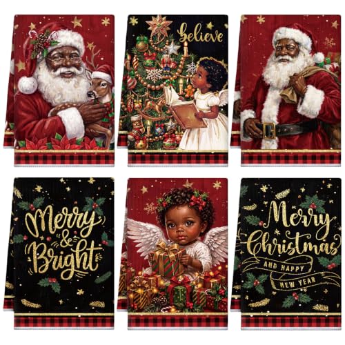 6 Pcs Christmas Kitchen Towels (Black Santa Claus)