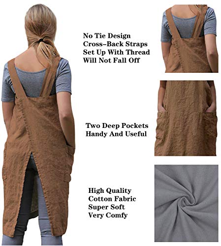 Cotton Linen Apron Cross Back Apron for Women with Big Pockets Square Pinafore Dress for Baking Cooking BBQ & Grill (Khaki / Medium)
