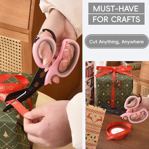 All Purpose Scissors 2 Packs with Carabiner for Kitchen Outdoor (Pastel Pink+pastel Pink)