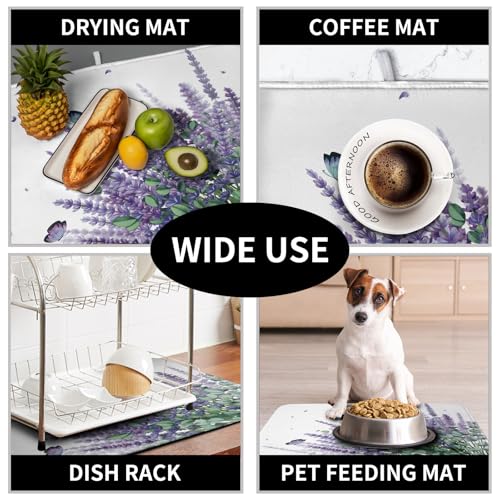 Purple Lavender Dish Drying Mat for Kitchen Counter Spring Summer Floral Microfiber Dish Drainer Mats Green Leaves Butterfly Absorbent Reversible Dish Drainer Rack Mat 16x18 Inch (Lavender / 16" x 18")