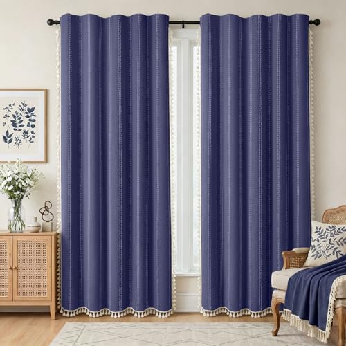 Navy Blue 100% Boho Blackout Curtains 2 Panels 52W X 82L (Navy Blue / 52"W x 82"L (Pack of 2))