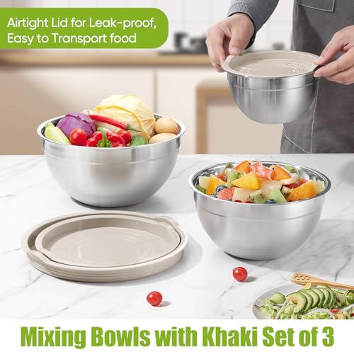 Stainless Steel Mixing Bowls with Airtight Lids (Khaki / Airtight Lids)