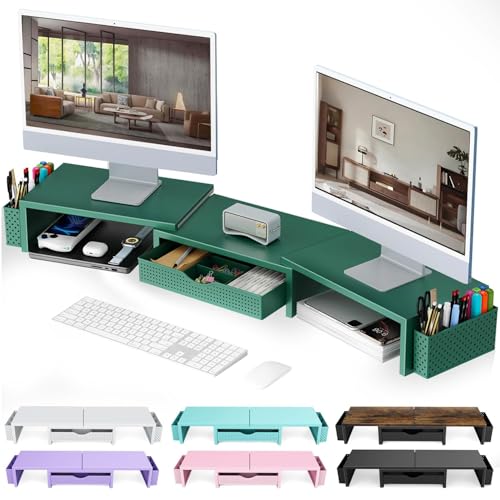 Dual Monitor Stand Riser With Drawer and 2 Pen Holders (Green)