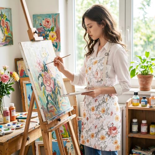 Floral Apron for Women with Pockets Cotton Canvas Waterproof Apron Cooking Baking Painting Gift (White)