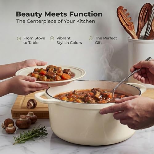 7.7 Quart Enameled Cast Iron Dutch Oven Pot with Lid (Ivory / 7.7 Quart)