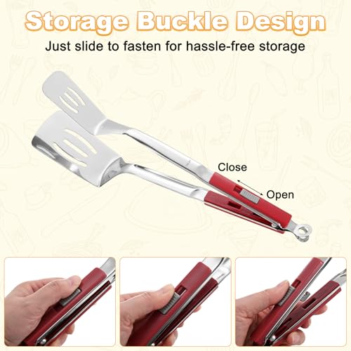 Spatula Tongs (Red Handle, Silver Tone)