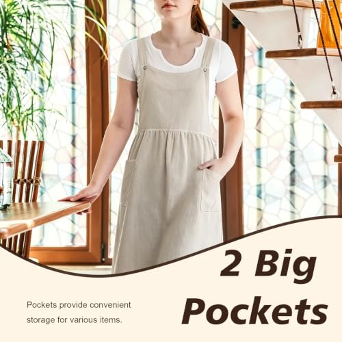Vintage Apron for Women with Pockets Adjustable Straps for Kitchen (Beige)