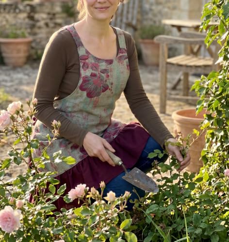 Vintage Aprons for Women with Pockets Cute Pinafore Apron Dress for Kitchen Cooking Baking Gardening (Floral Dark Red)