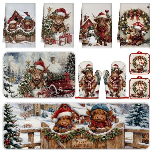 10 Pcs Christmas Highland Cow Kitchen Decor and Accessories Set Farmhouse Rustic Kitchen Towels Pot Holders Oven Mitts Rugs and Tape for Baking Cooking BBQ Housewarming Gifts (Brown / Christmas Cow)