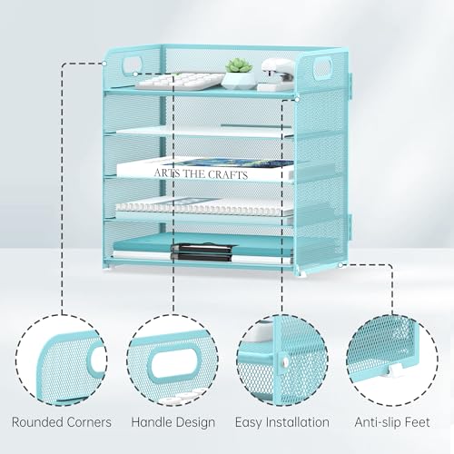 5 Trays Paper Organizer Letter Tray with Handle (Blue)
