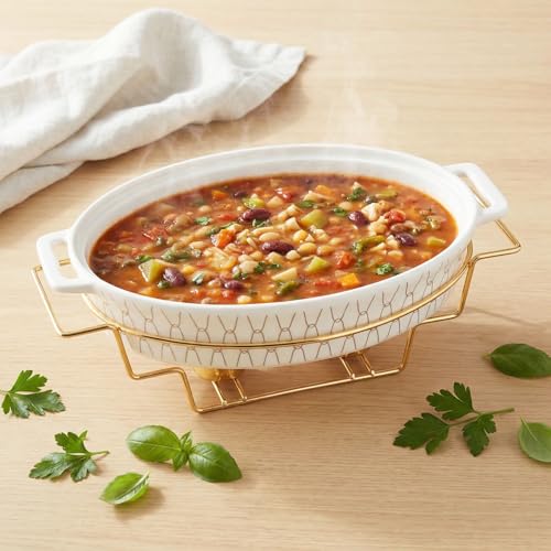 12" x 8" Ceramic Oval Casserole Dish with Glass Lid and rack (White with rack / 14.2 Inch(1.7 qt))