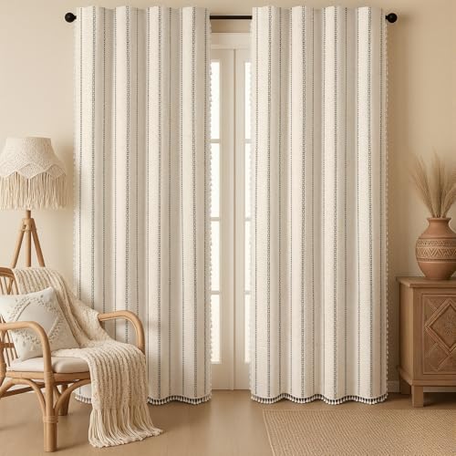 Beige 100% Boho Blackout Curtains 90 Inch 2 Panels with Tassels (Black / 52"W x 90"L (Pack of 2))