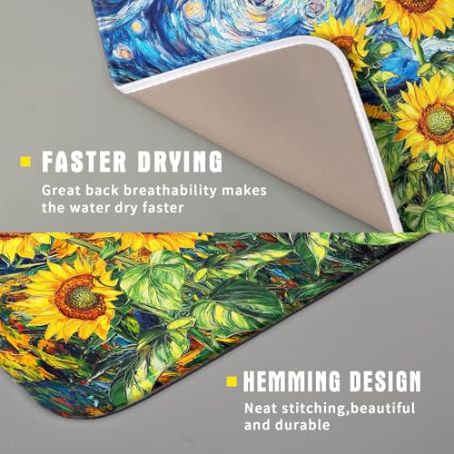 Sunflower Dish Drying Mat for Kitchen Counter 18x16 Inch Starry Night Drying Mat with Absorbent Reversible Microfiber Farmhouse Floral Dish Drainer Mats Rack Pad for Coffee Countertop Protector (Blue Yellow / 18" x 16")