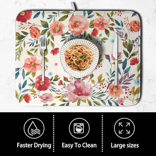 Floral Dish Drying Mat for Kitchen Counter Absorbent Microfiber Dishes Drying Pad Cute Flowers Dish Drainer Rack Mats Washable Coffee Sink Mat Extra Large 18"x24" Dish Mat (Floral Pink Red / 18" x 24")